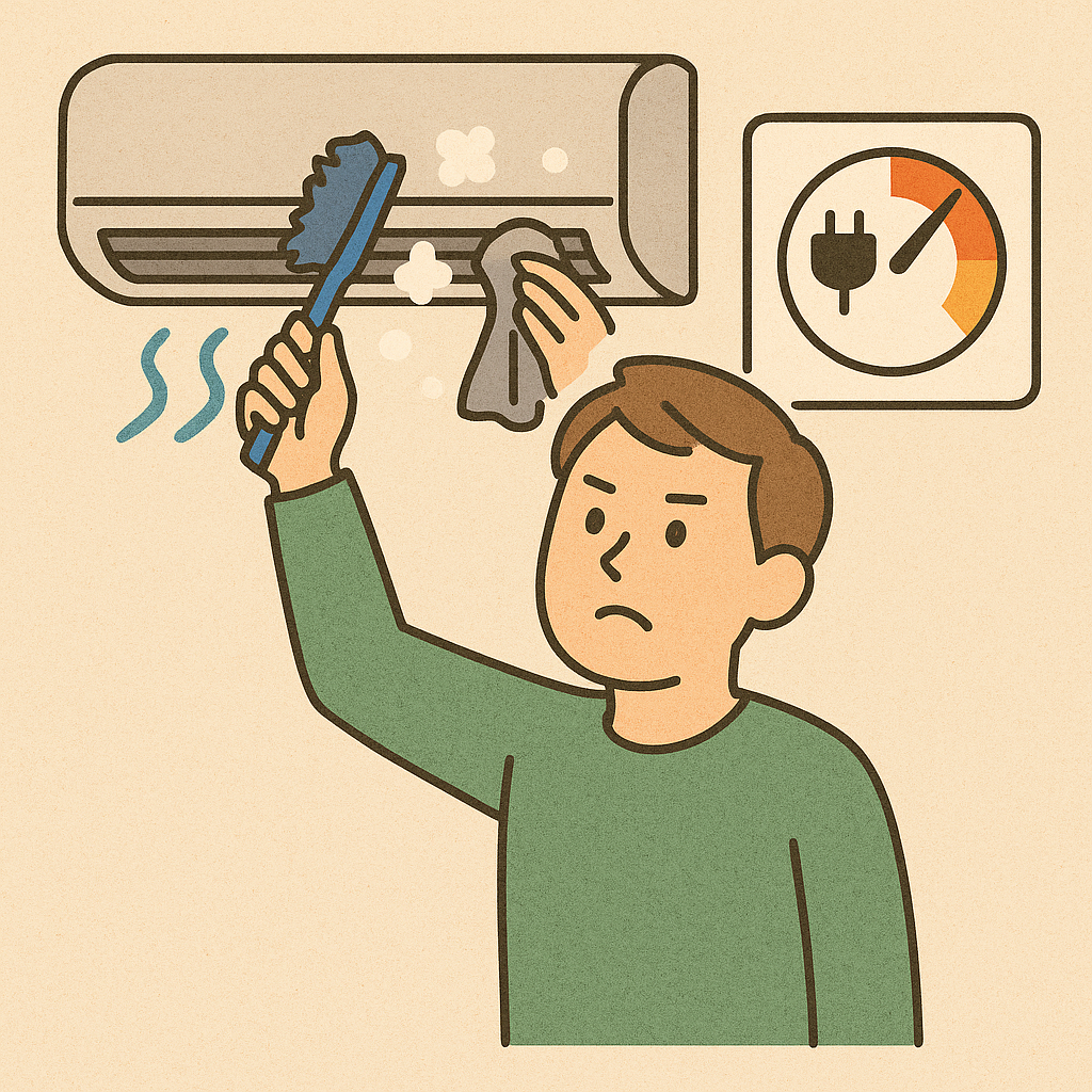 냉난방기를 청소하는 사람을 나타내는 인포그래픽 이미지