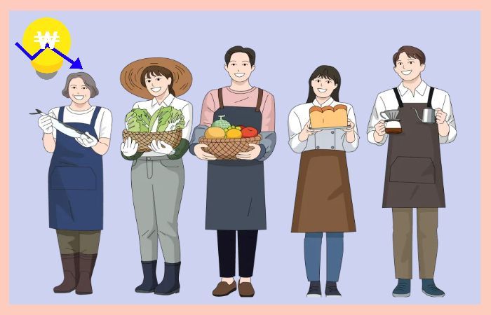 농업과 제빵, 커피 등 다양한 업종의 소상공인들이 하락 화살표 아이콘 옆에서 미소 짓는 모습