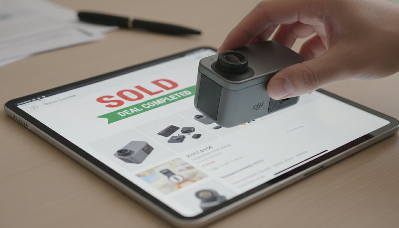 손이 스마트폰 중고 거래 앱에 오즈모 포켓3를 '판매 완료'하는 모습을 보여주는 이미지. 빠른 중고 거래의 중요성을 나타냅니다.