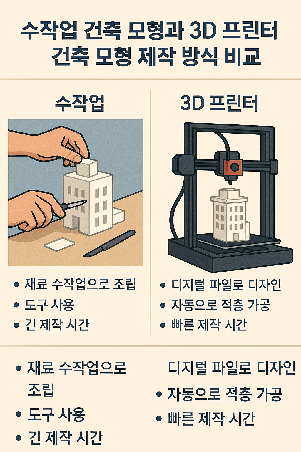 수작업 건축 모형과 3D 프린터 건축 모형 제작 방식 비교 인포그래픽