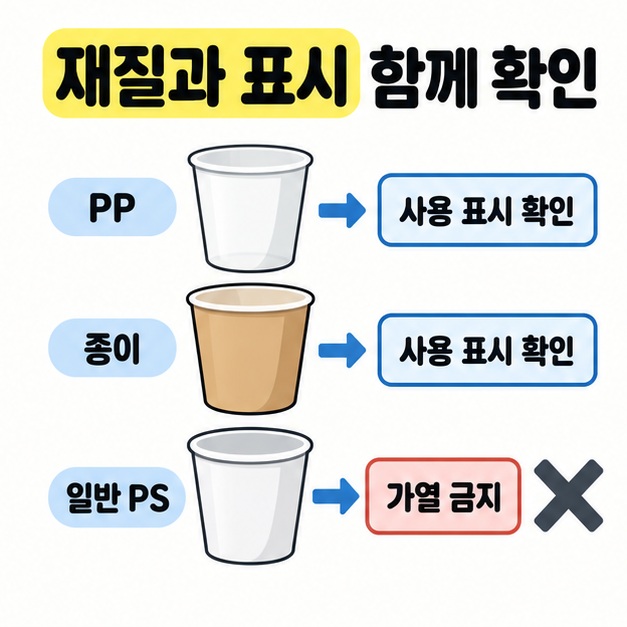 PP와 종이 용기는 사용 표시 확인에 연결하고 일반 PS 용기는 가열 금지와 X 표시에 연결한 재질별 비교 도식