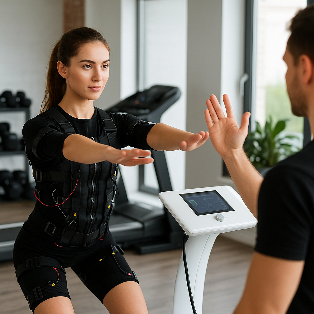 EMS 다이어트 중인 여자의 모습