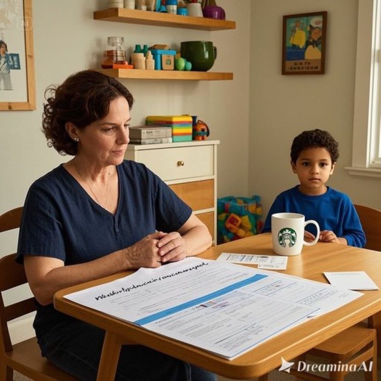 한부모 가정의 따뜻한 가정 풍경, 테이블 위에 양육비 신청서와 스타벅스 커피, 배경. 파란색과 따뜻한 베이지 톤으로 안정감과 희망 강조.