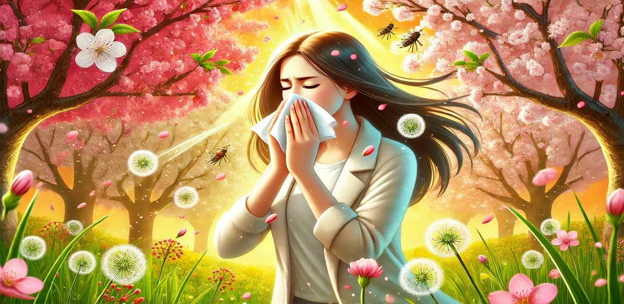 꽃가루와 봄철 알레르기로 재채기하는 여성의 일러스트 이미지