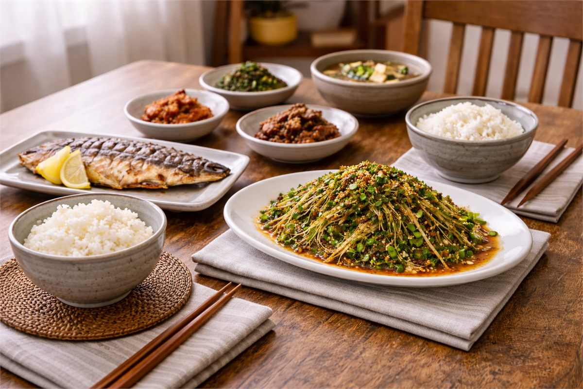 밥과 국 곁에 냉이무침을 담아낸 봄철 한 끼 상차림 