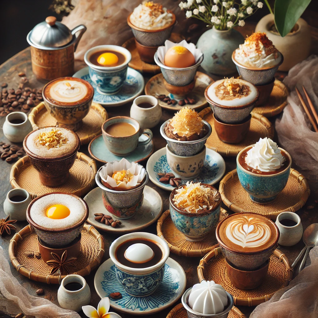 다양한 베트남 커피를 한 테이블에 놓고 즐기는 장면