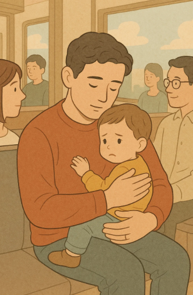 공공장소에서 큰소리 내는 아기를 침착하게 달래는 부모