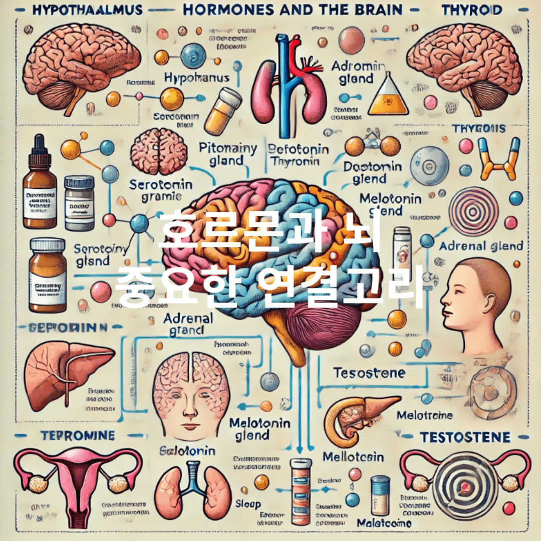 내분비샘과 호르몬 , 그리고 이들의 뇌 관련 기능의 연결을 보여주는 이미지