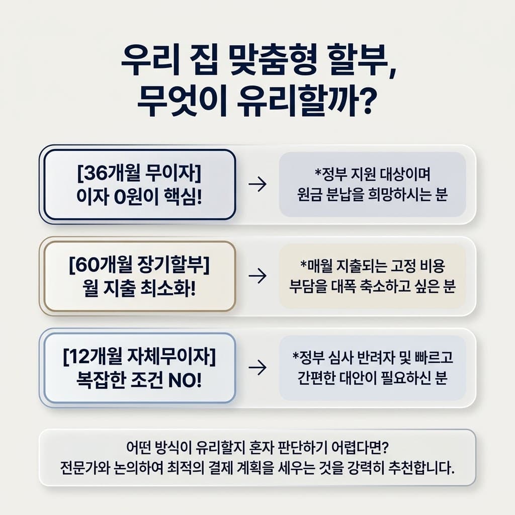 우리 집 맞춤형 할부, 무엇이 유리할까? 상황별 샷시 결제 방식 비교 안내. 이자 0원이 핵심인 '36개월 무이자'는 정부 지원 대상 및 원금 분납 희망자에게, 월 지출을 최소화하는 '60개월 장기할부'는 매월 고정 비용 부담 축소 희망자에게, 복잡한 조건이 없는 '12개월 자체무이자'는 정부 심사 반려자 및 빠르고 간편한 대안 필요자에게 추천. 어떤 방식이 유리할지 혼자 판단하기 어렵다면 전문가와 논의하여 최적의 결제 계획을 세울 것을 강력히 추천하는 표 이미지.