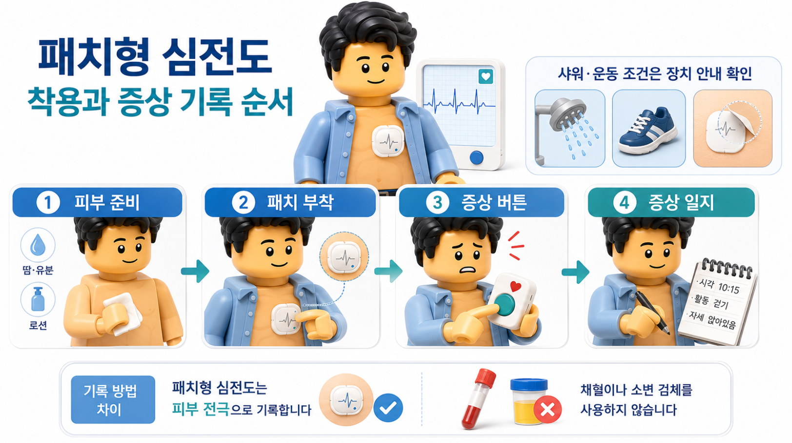 패치형 심전도 착용 순서와 피부 준비, 증상 버튼, 증상 일지 작성 과정을 단계별로 설명한 의료 인포그래픽