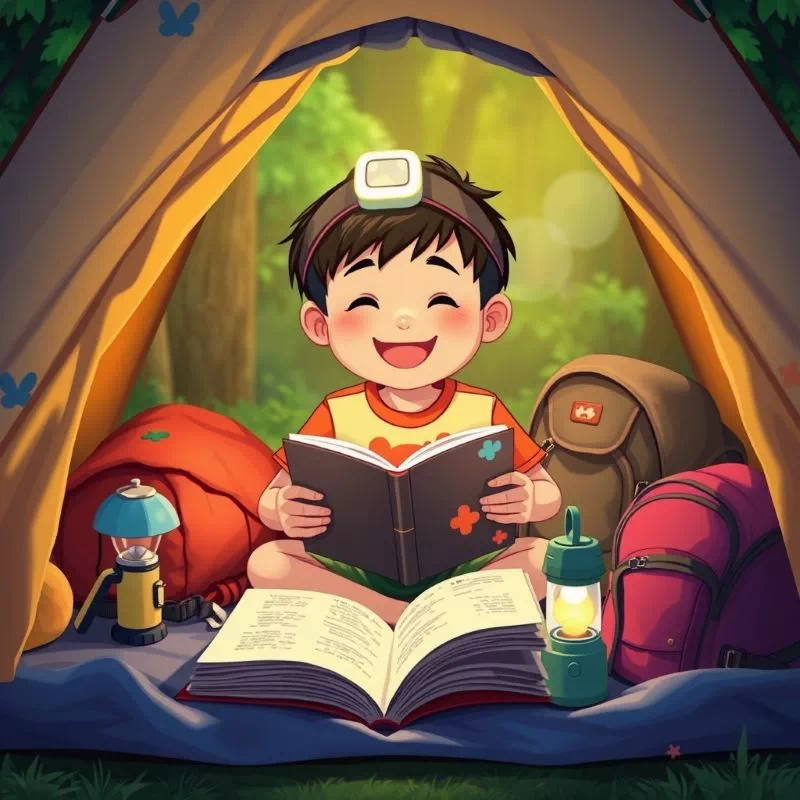 아이가 텐트 안에서 헤드 랜턴을 끼고 즐겁게 책을 읽고 있는 모습 - 아이와 캠핑 준비물