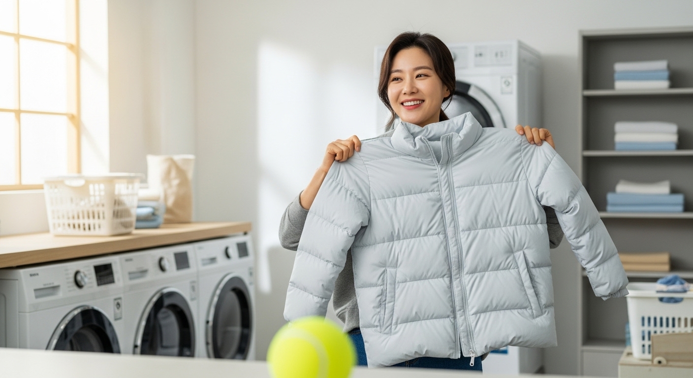 테니스공과 함께 패딩을 건조하며 환하게 웃는 사람의 모습