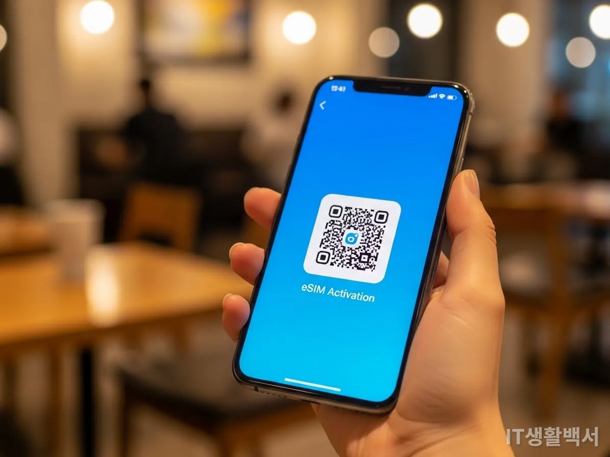 스마트폰으로 eSIM QR코드를 스캔하여 간편하게 개통하는 모습