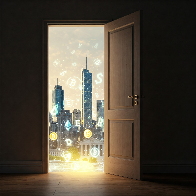 문이 살짝 열리면서 빛이 새어 나오는 이미지. 문 너머에는 암호화폐 심볼과 은행 건물이 함께 보이는 미래 도시 풍경이 희미하게 보인다. 새로운 가능성과 미래에 대한 기대를 상징한다