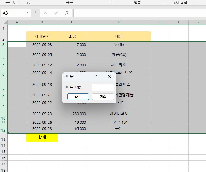 엑셀 행높이 같게 만들기 서식 복사