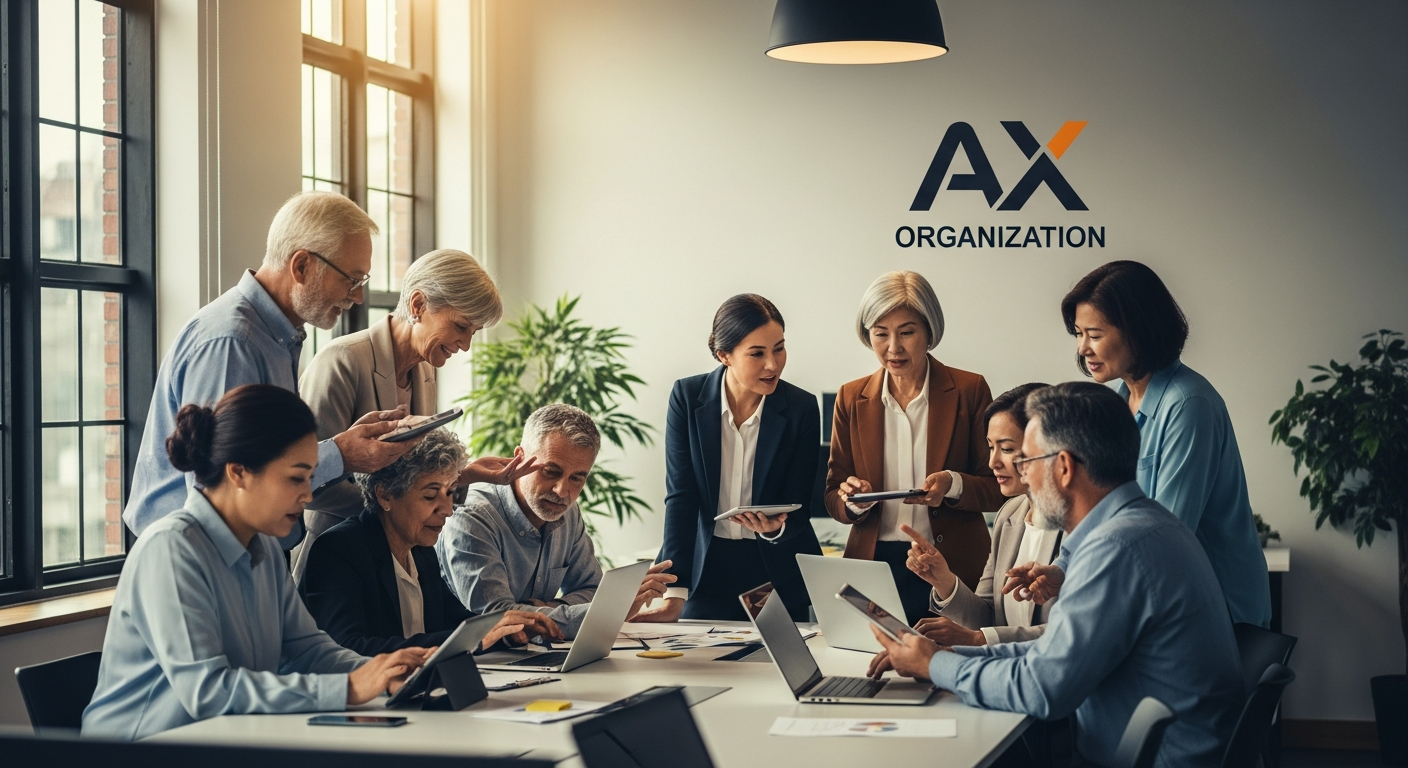 프로젝트 중심으로 유연하게 모이고 흩어지는 미래형 AX 조직 문화 일러스트