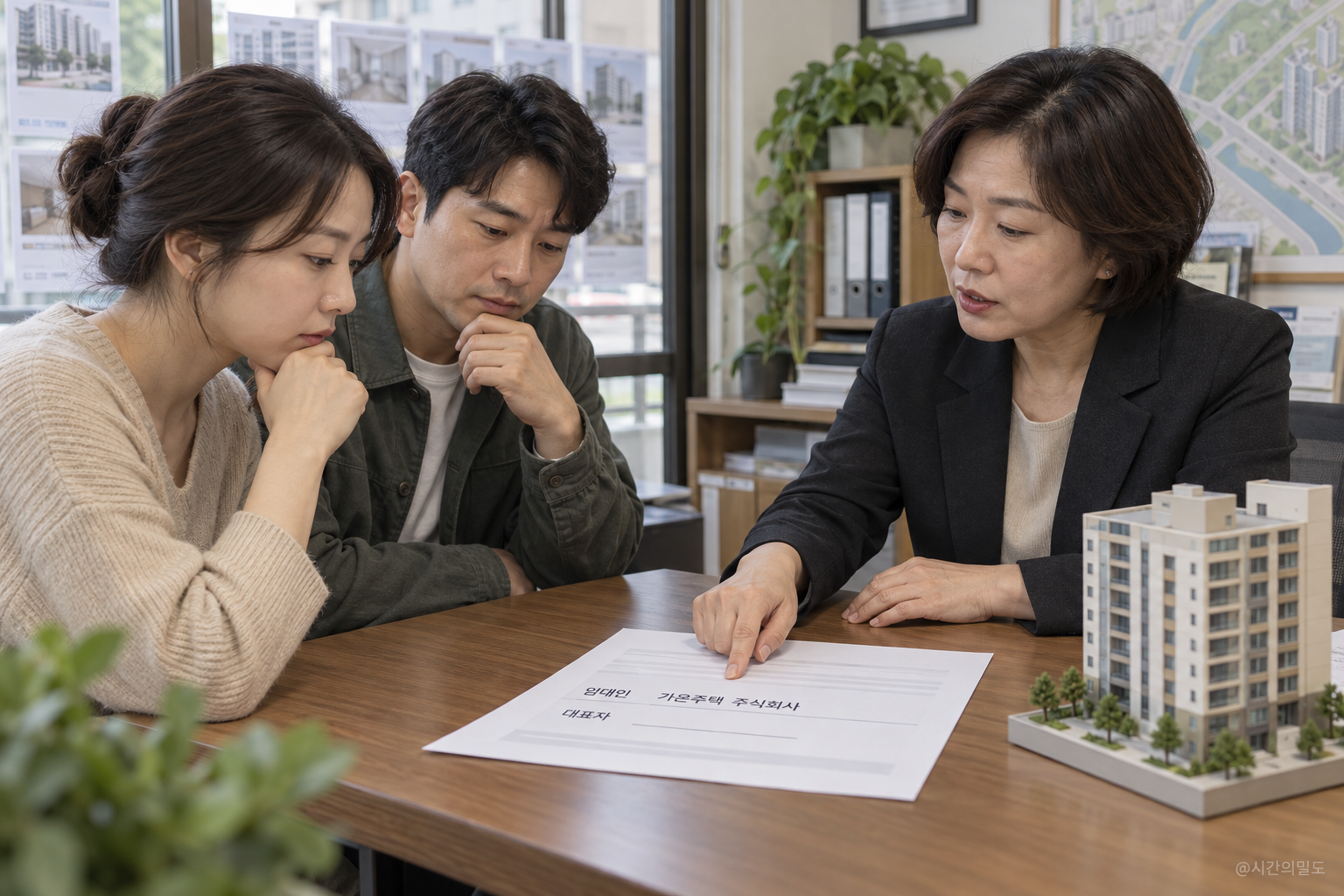 한국 중개사무소에서 회사가 소유한 주택의 계약 초안을 설명받는 가상 성인