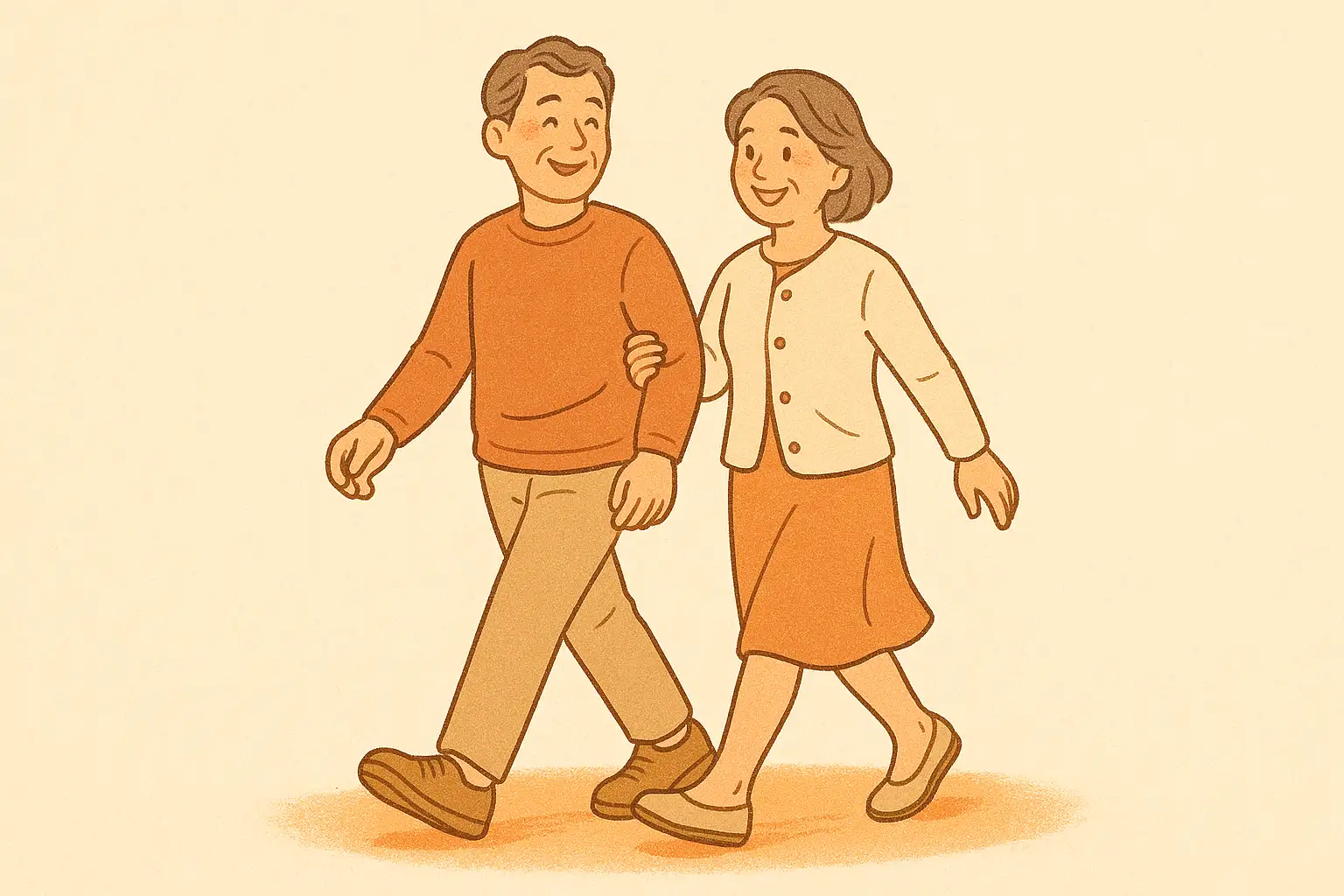 밝은 표정으로 가볍게 걷는 중년 부부