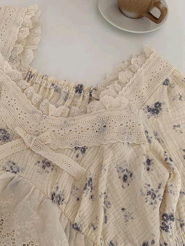 무드문 아일렛 레이스 요루면 긴팔 원피스 파자마 잠옷