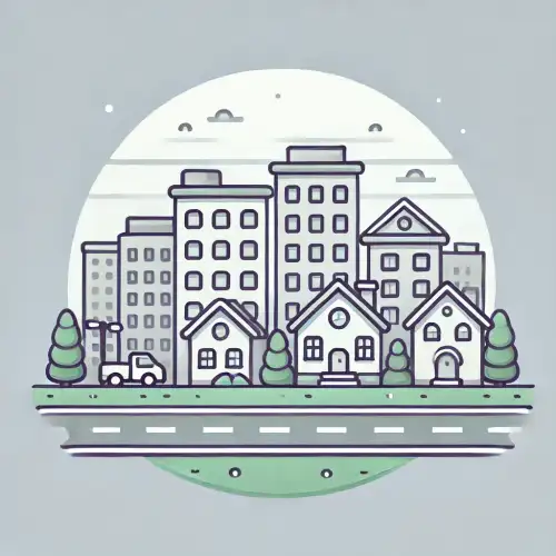 도시 풍경 속에 부동산을 의미하는 여러 채의 건물과 주택이 배치되어 있다.