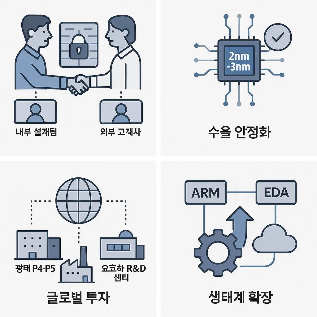 삼성전자 파운드리 미래 전략, 투명한 고객 협력·수율 안정화·글로벌 투자·생태계 확장 4대 전략 인포그래픽