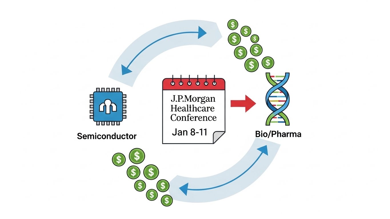 A circular flow diagram showing money moving from a Microchip icon (Semiconductor) to a DNA double helix icon (BioPharma), with a calendar marking 'J.P.