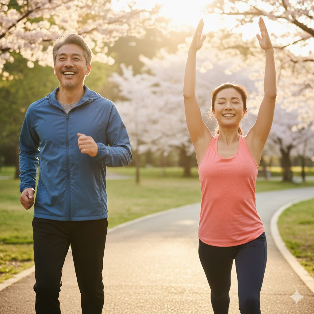 가벼운 조깅을 하거나 스트레칭을 하며 활짝 웃고 있는 모습
