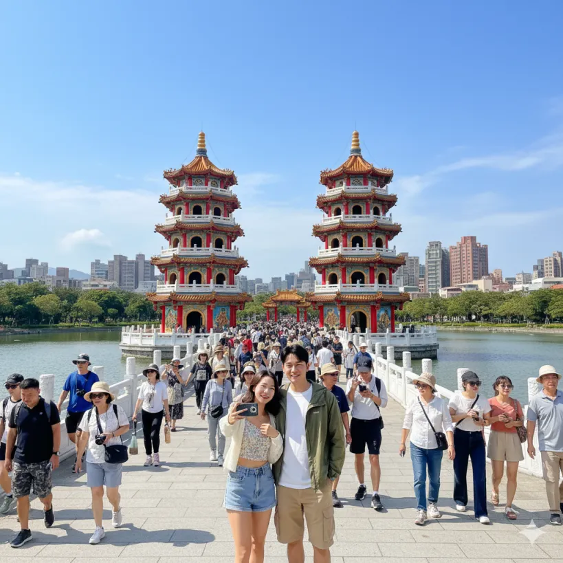 가오슝에 위치한 유명한 용호탑에 많은 관광객들이 관광을 즐기고 있다