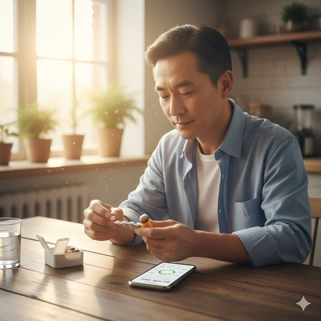 혈압 약과 비타민을 챙겨 먹으며 스마트폰으로 건강 수치를 체크하는 50대 남성의 모습
