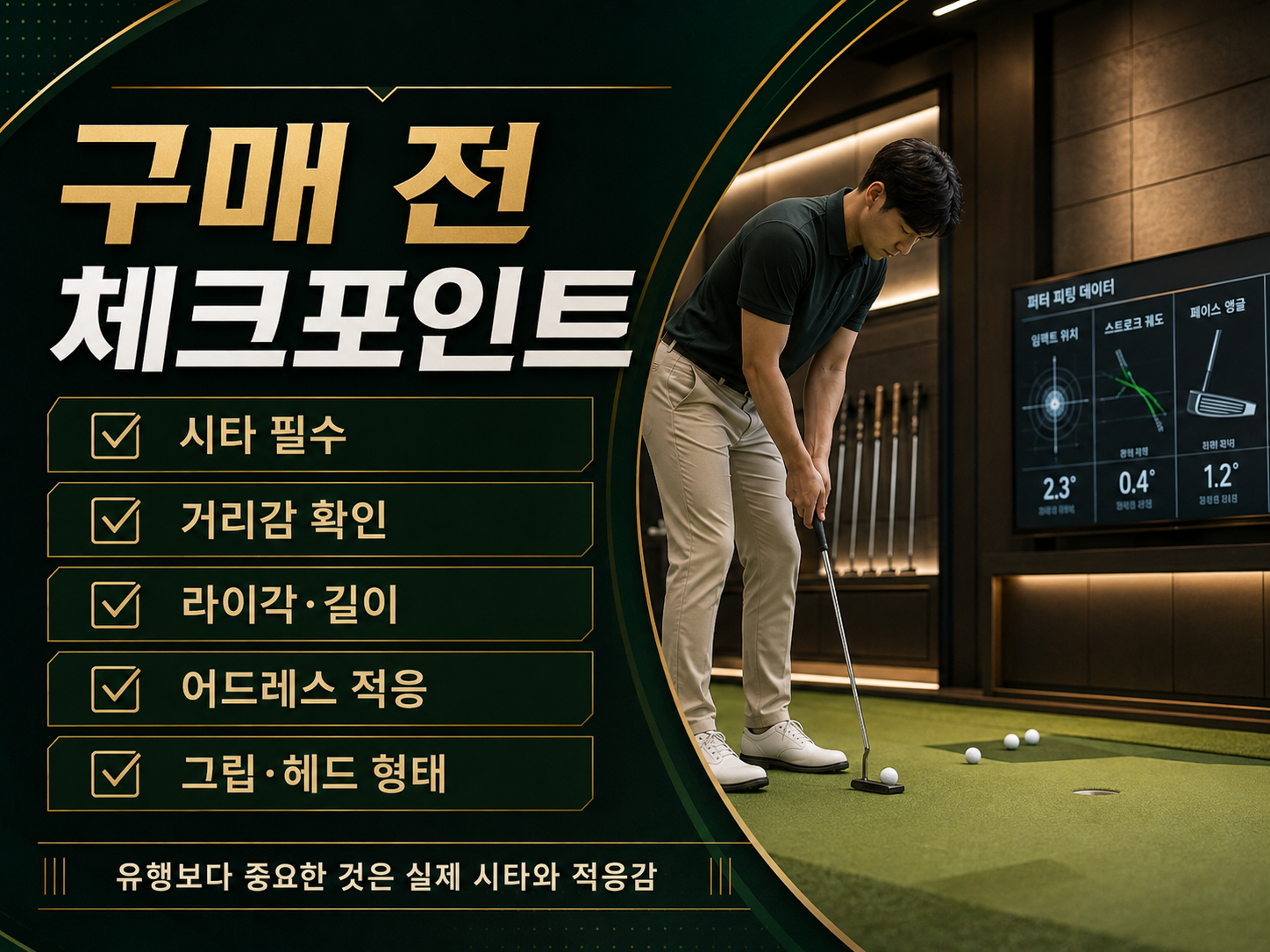 제로 토크 퍼터 구매 전 시타와 거리감 라이각 길이 그립을 확인하는 모습