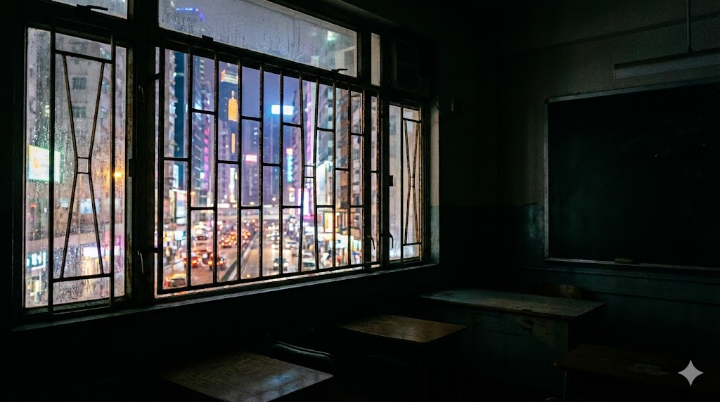 창밖으로 화려한 도시의 야경이 보이지만, 쇠창살이 쳐진 교실 창문 안은 어두컴컴한 모습