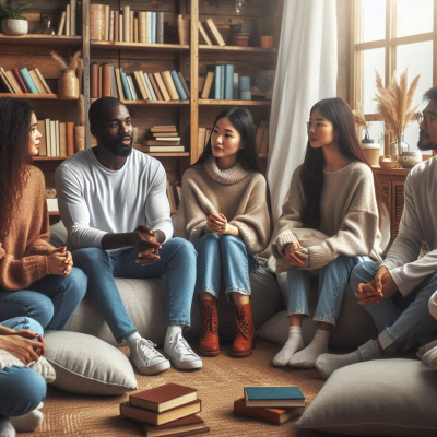 꿈을 주제로 대화하는 사람들의 모습입니다. 이 방의 벽에는 다양한 꿈을 상징하는 그림이 장식되어 있습니다.