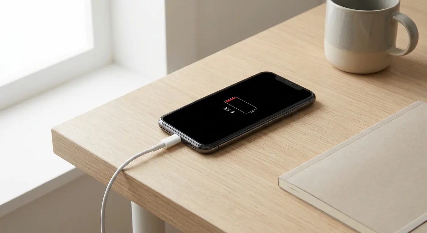 휴대폰이 충전 중으로 표시되지만 배터리가 잘 차지 않는 상황을 설명하는 이미지