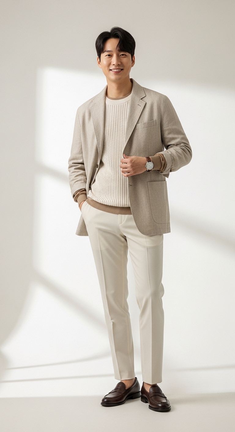 전신 거울 앞에서 오늘 완성한 코디를 만족스럽게 보고 있는 모습