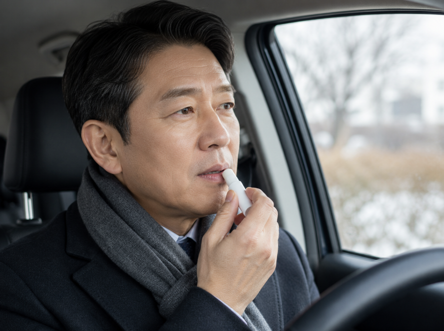 차 안에서 립밤을 바르는 남자