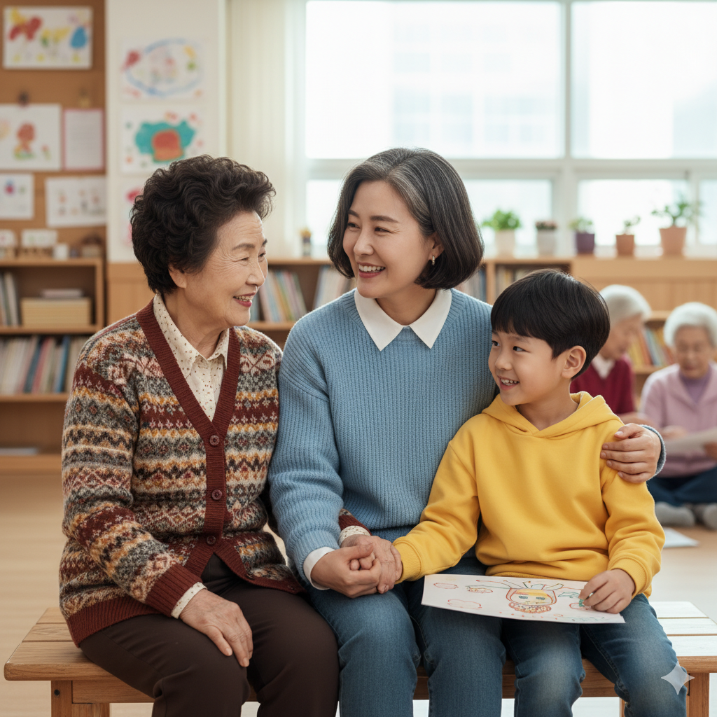 여성 사회복지사와 할머니, 손자