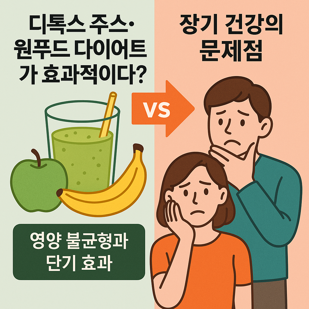 "디톡스 주스와 원푸드 다이어트의 단기 효과와 영양 불균형을 보여주는 왼쪽 이미지(사과, 바나나, 녹색 주스)와, 장기 건강 문제를 걱정하는 사람들의 모습이 대비된 일러스트"