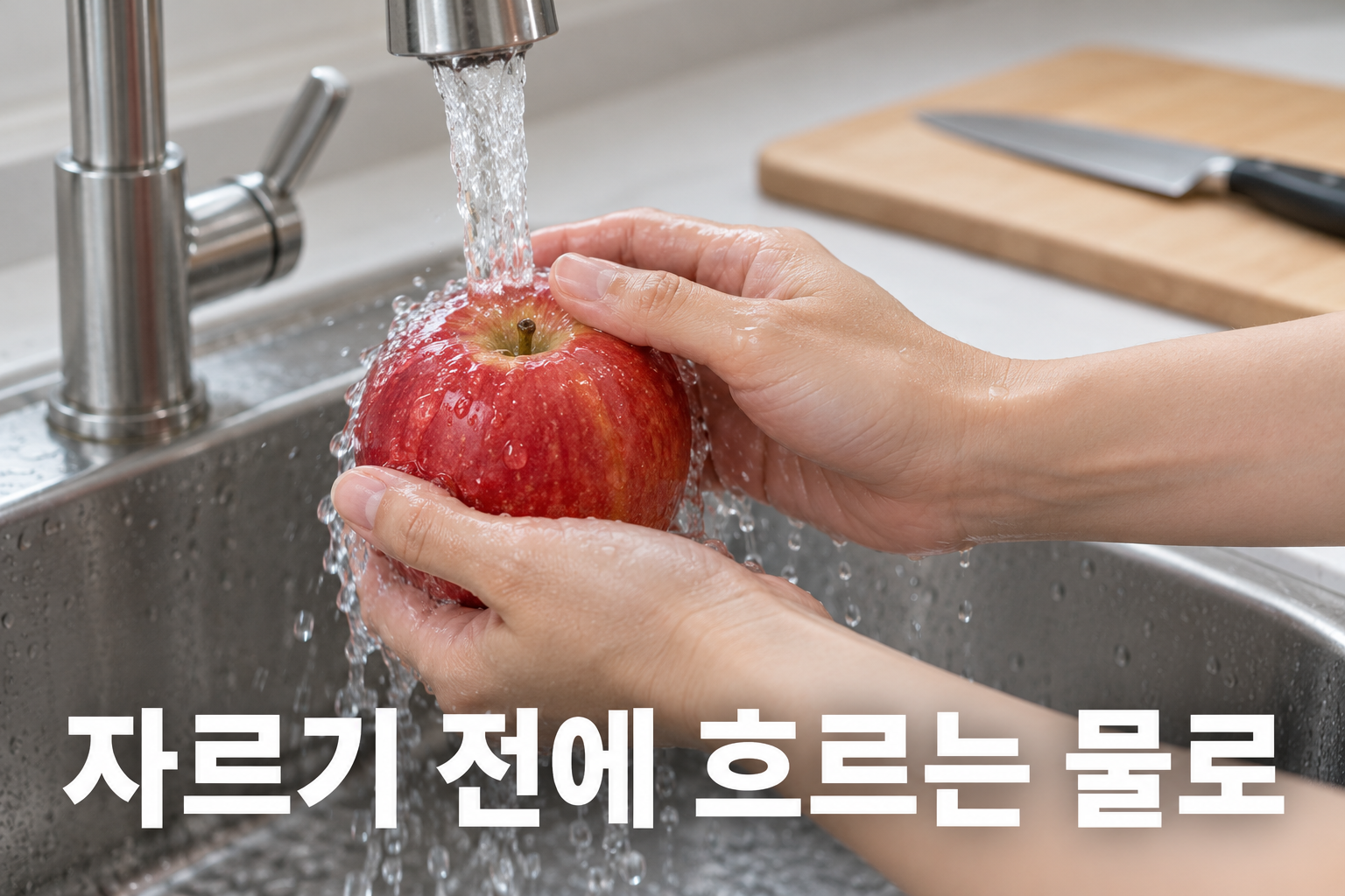 자르기 전에 흐르는 물에 통사과 표면을 문질러 씻는 장면.