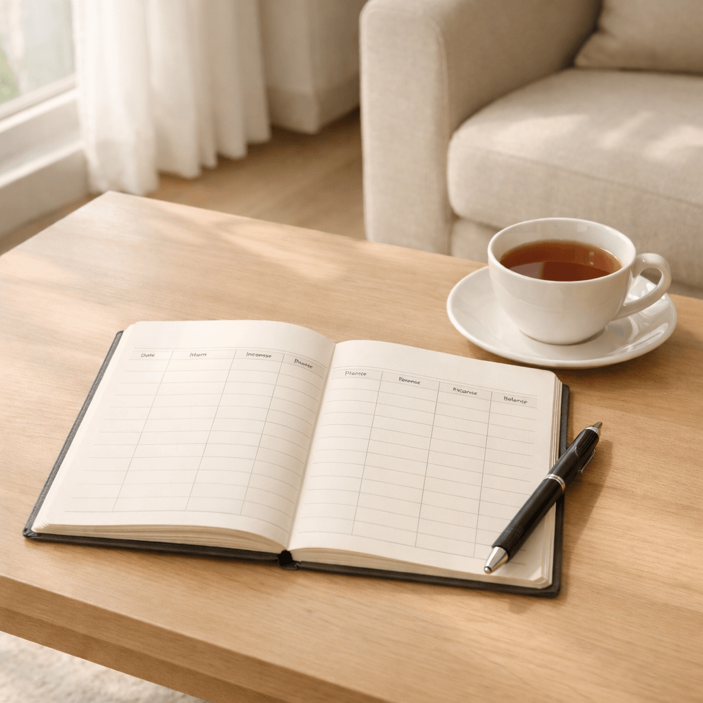 생활비 관리와 건강 균형을 상징하는 가계부와 따뜻한 차 한 잔