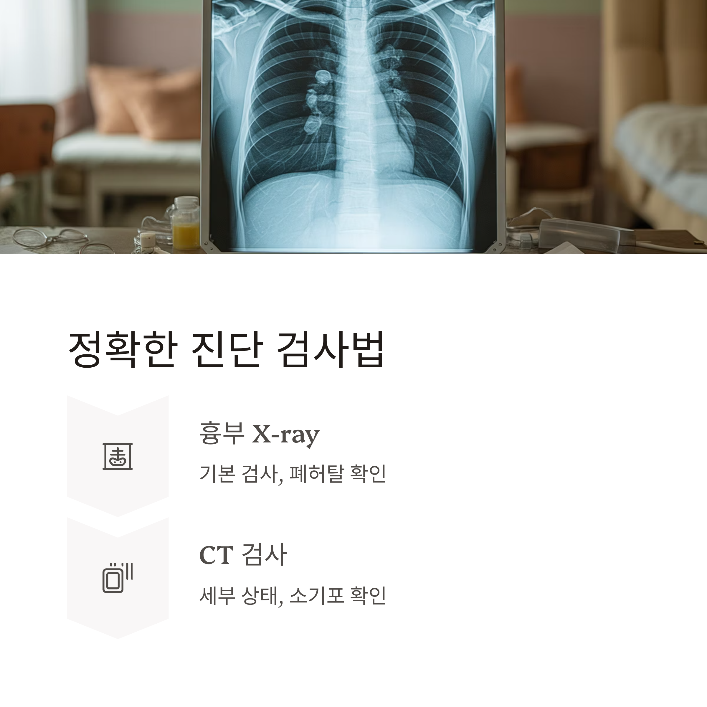 흉부 엑스레이 사진을 배경으로, 기흉 진단을 위한 검사 방법(흉부 X-ray, CT 검사)을 설명한 이미지