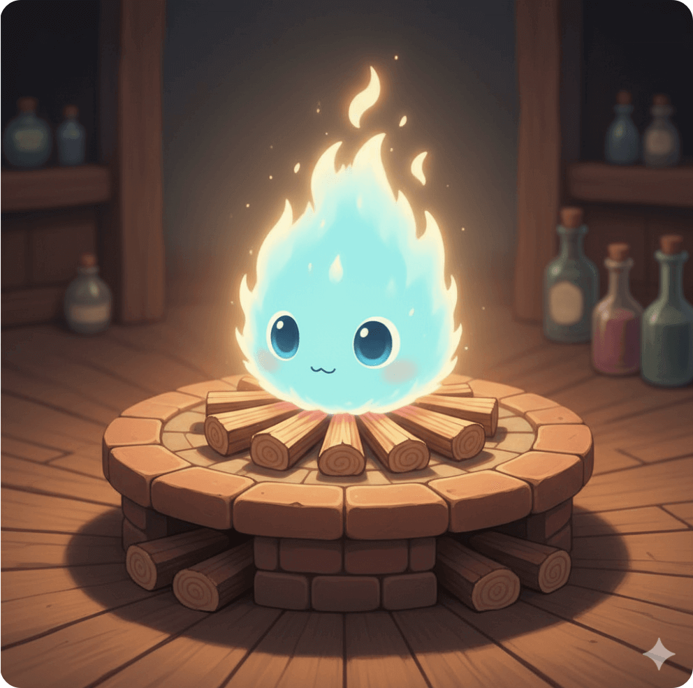 alt="하울의 움직이는 성 속 원형 벽돌 탁자 위 장작불로 작고 귀엽게 타고 있는 캘시퍼의 일러스트"