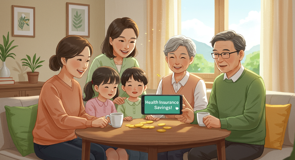 건강보험 피부양자 등록으로 건강보험료를 절감하고 행복해하는 가족들의 모습.