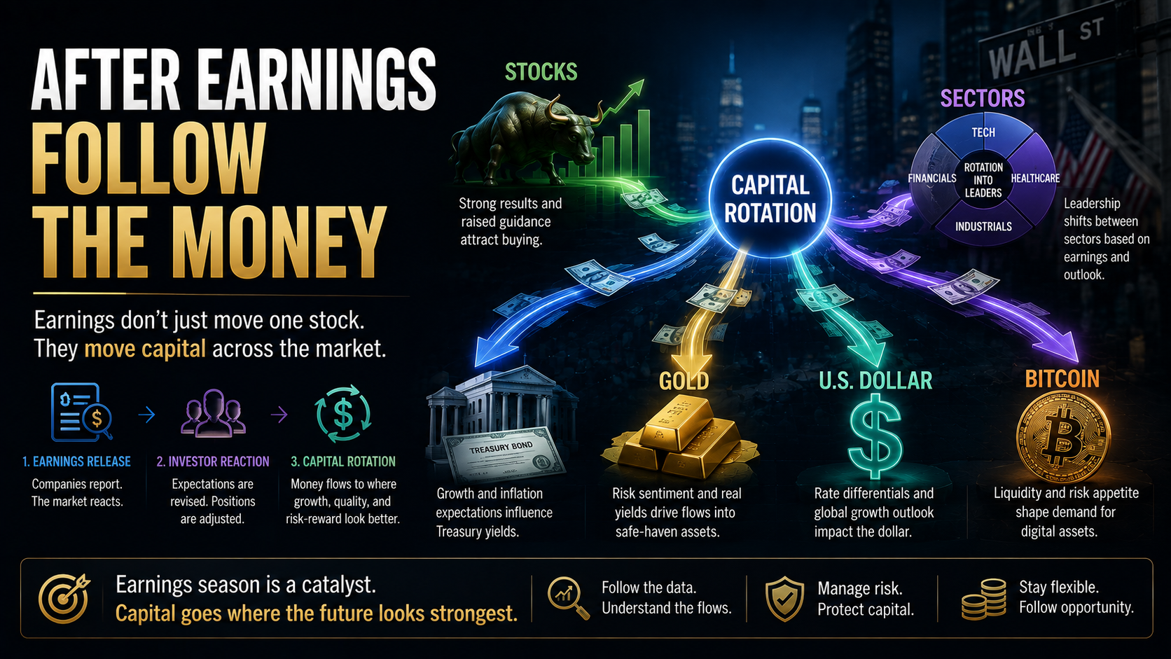 Capital rotation after earnings across stocks sectors Treasury bonds gold US dollar and Bitcoin