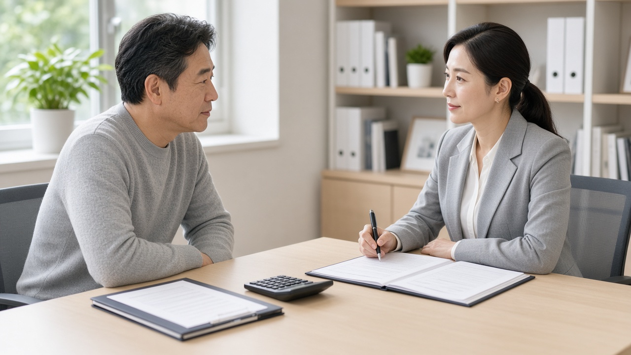밝은 사무실에서 한국인 여성 세무사와 50대 남성이 계약 서류와 계산기를 두고 상담하는 모습