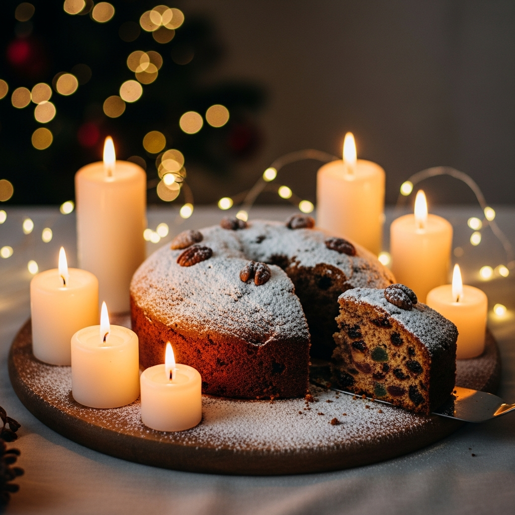 파우더 슈가를 뿌려 눈이 내린 듯한 효과를 낸 케이크와 주변 촛불 장식