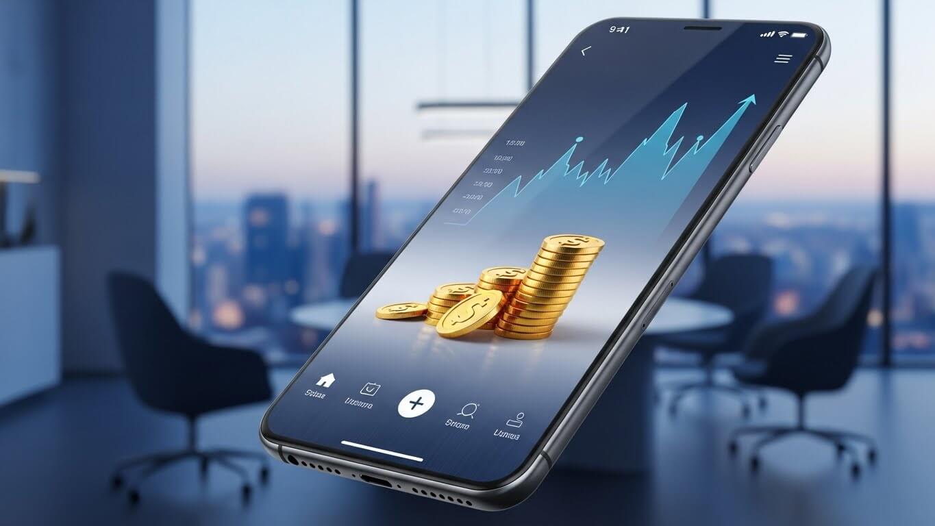 휴대폰에금달러와주식창이있고-뒷배경은 전망좋은사무실