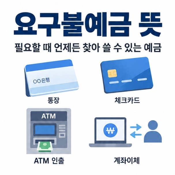 통장 체크카드 현금 인출 아이콘을 배경으로 요구불예금 뜻이라는 글자가 중앙에 놓인 금융 용어 인포그래픽