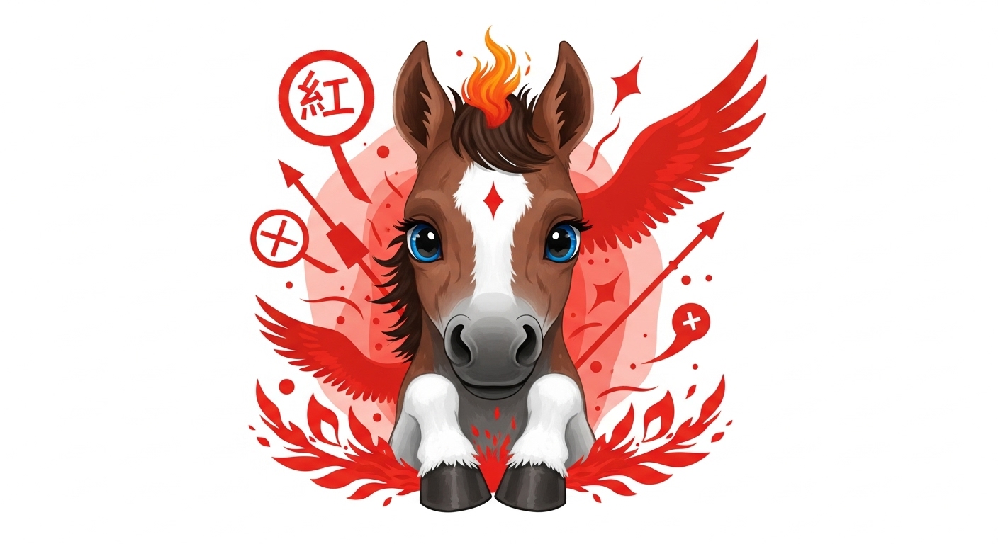 활기차고 호기심 가득한 아기 붉은 말의 모습, 2026년 병오년생 아기 말띠의 특징을 상징