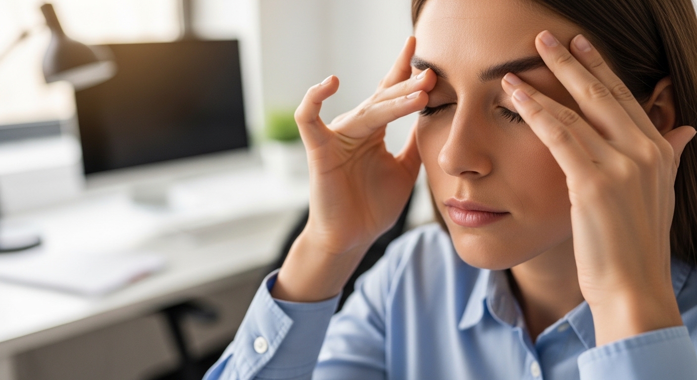 편안하게 눈을 감고 눈 주위를 마사지하는 직장인의 손