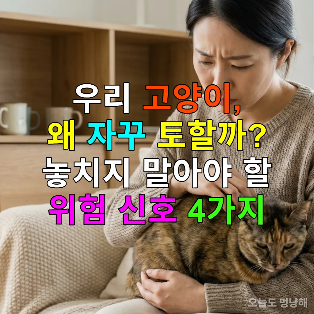 고양이를 안고 걱정스러운 표정을 짓는 한국인 여성과 약간 불편해 보이는 고양이